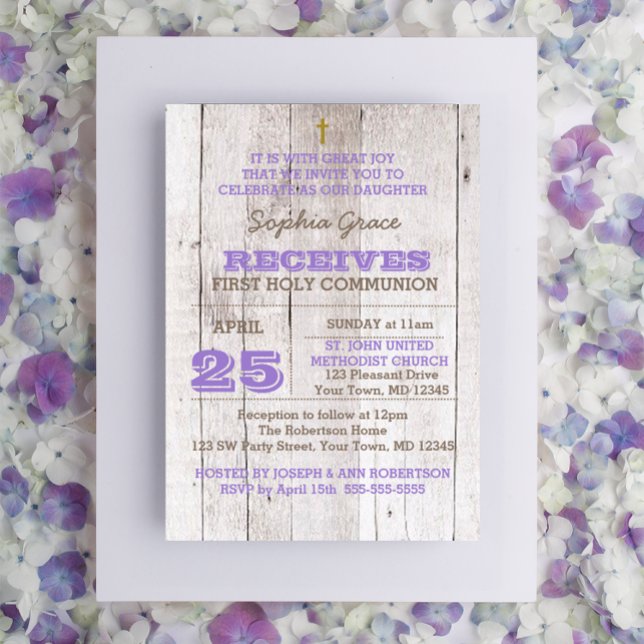 Whitewash Lilac Rustic First Holy Communion Invitation (Creator Uploaded)