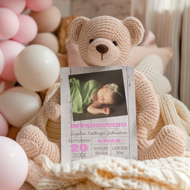 Whitewash Pink Photo Birth Announcement (Creator Uploaded)