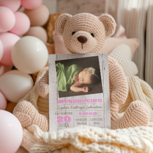 Whitewash Pink Photo Birth Announcement Postcard