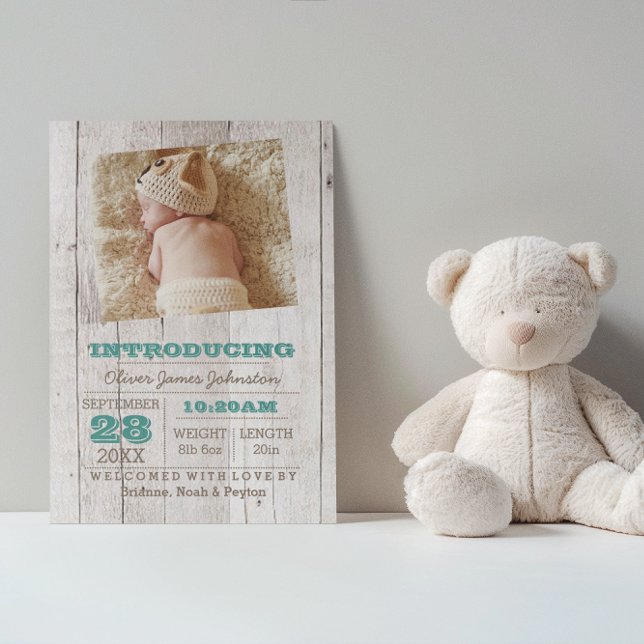 Whitewash Teal  Photo Birth Announcement (Creator Uploaded)