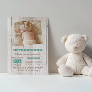 Whitewash Teal  Photo Birth Announcement Postcard