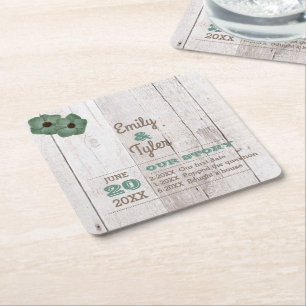 Whitewash Teal Rustic Personalised Square Paper Coaster