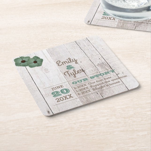 Whitewash Teal Rustic Personalised Square Paper Coaster (Angled)