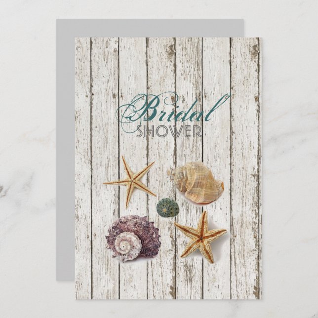 Whitewashed  wood seashells beach bridal shower invitation (Front/Back)