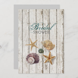 Whitewashed  wood seashells beach bridal shower invitation