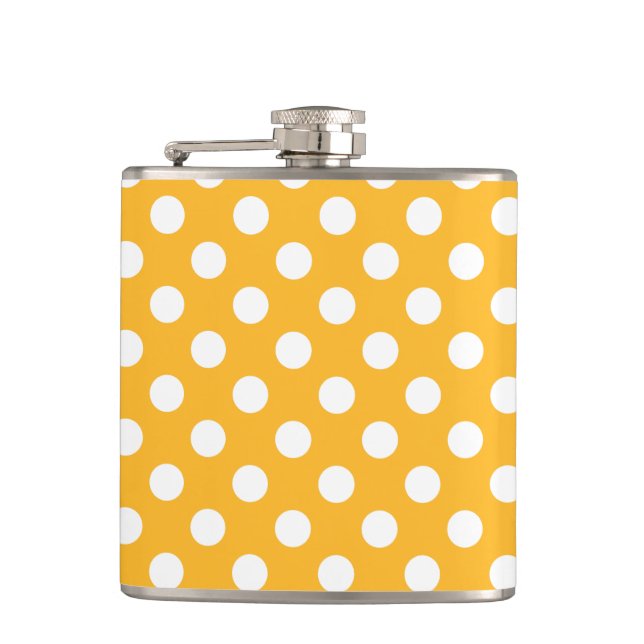 Whitle polka dots on yellow hip flask (Front)