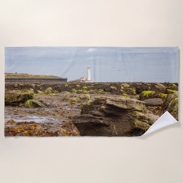 Whitley Bay lighthouse  Beach Towel (Front)