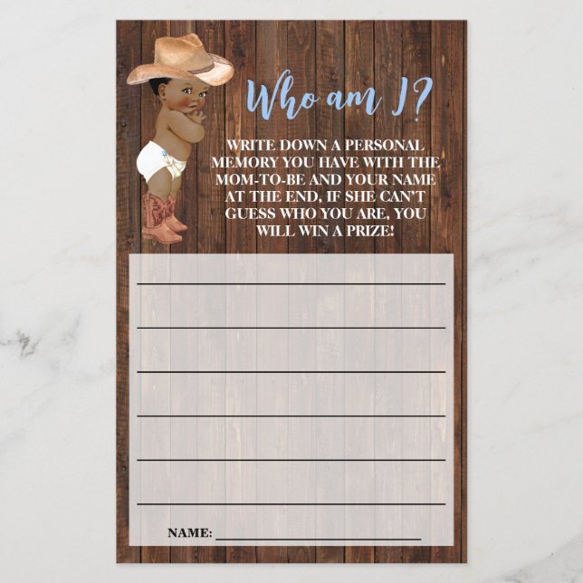 Who am I AA Cowboy Pink Baby Shower Game Card (Front)