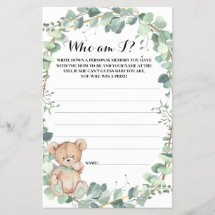 Who am I Bear Greenery Baby Shower Game Card