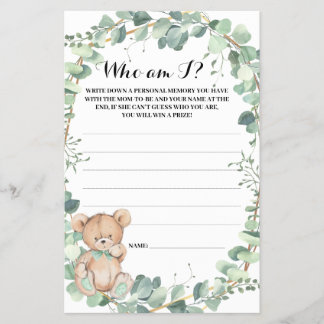 Who am I Bear Greenery Baby Shower Game Card