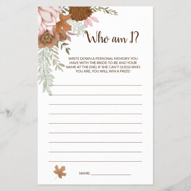 Who am I Boho Autumn Bridal Shower Game Card (Front)