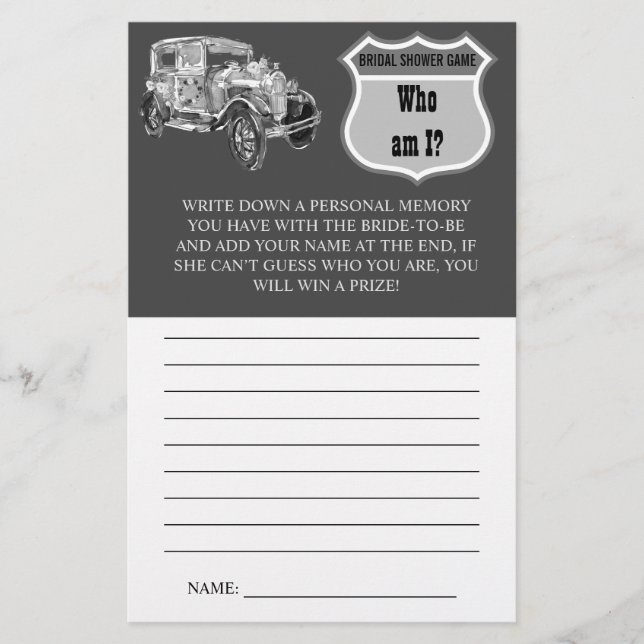 Who am I? | Bridal Car | Bridal Shower Game Card (Front)