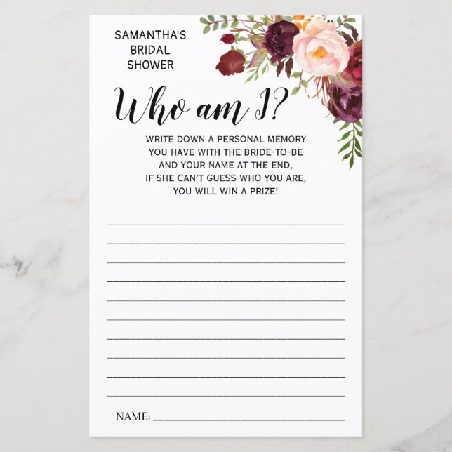 Who am I? bridal shower english spanish game (Front)