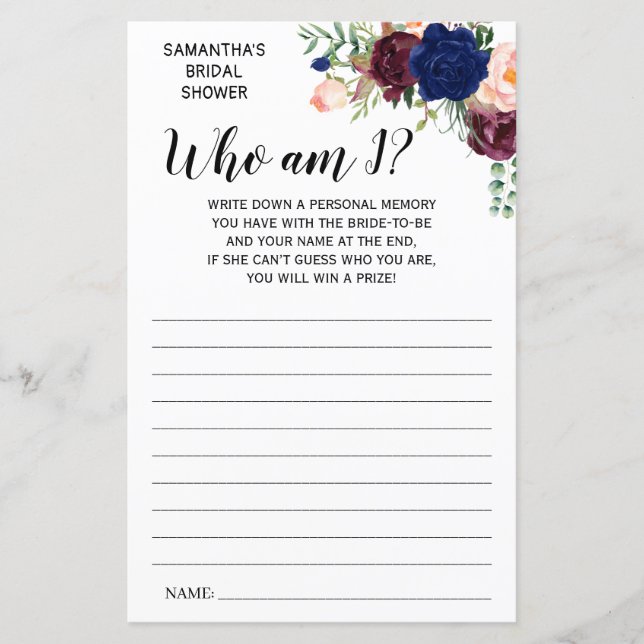 Who am I? bridal shower english spanish game (Front)