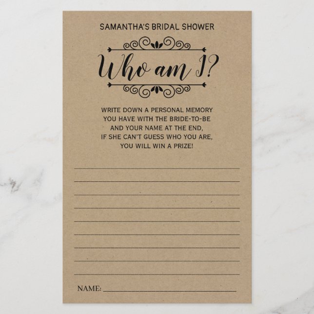 Who am I bridal shower english spanish rustic game (Front)