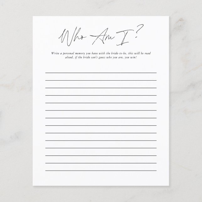 Who Am I | Bridal Shower Game (Front)
