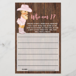 Who am I Cowgirl Pink Baby Shower Game Card