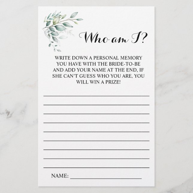 Who am I?  Eucalyptus Bridal Shower Game Card (Front)