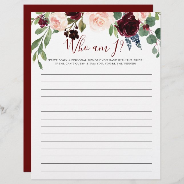 Who Am I Floral Bridal Shower Game (Front/Back)