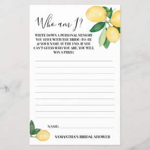 Who am I? Lemon Bridal Shower Game Card