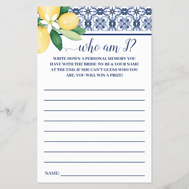 Who am I? Mediterranean Lemons Shower Game Card (Front)