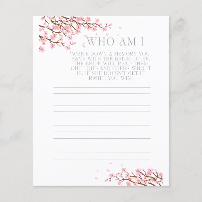 Who Am I Memory Guessing Bridal Shower Game Card (Front)