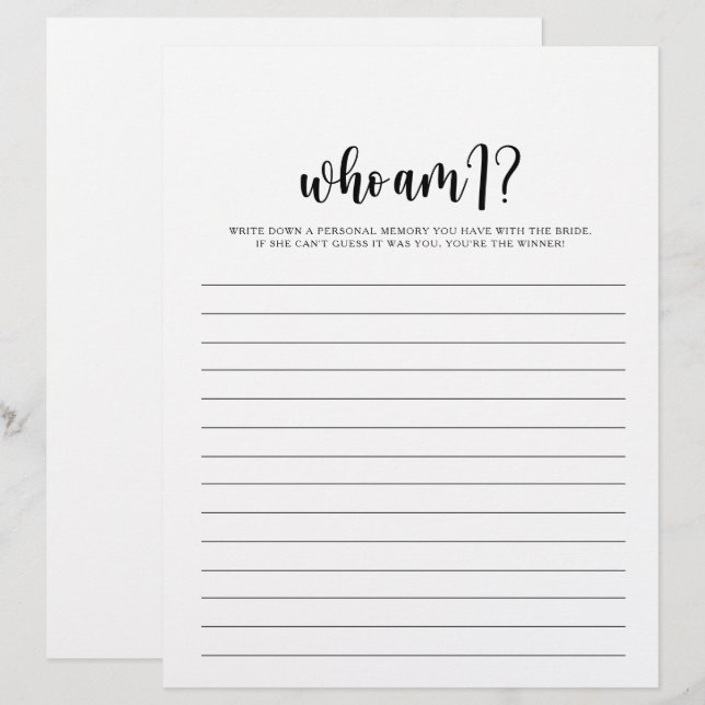 Who Am I Minimalist Bridal Shower Game (Front/Back)