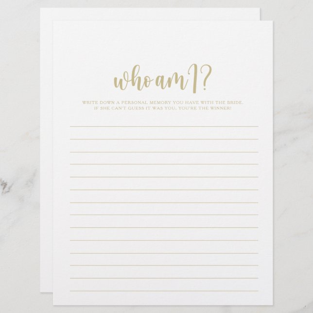 Who Am I Minimalist Gold Bridal Shower Game (Front/Back)