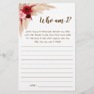 Who am I? Pampas Bridal Shower Game Card