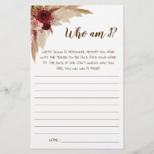 Who am I? Pampas Bridal Shower Game Card