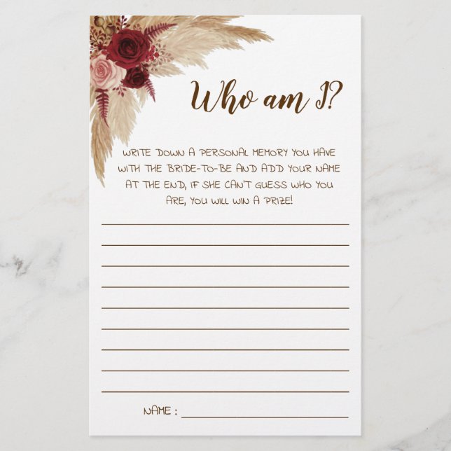 Who am I? Pampas Bridal Shower Game Card (Front)