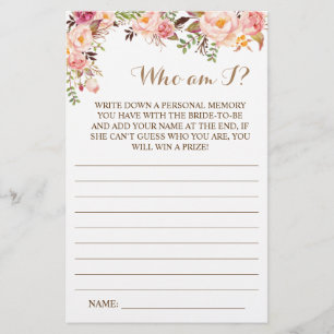 Who am I?Pink Floral Bridal Shower Game Card