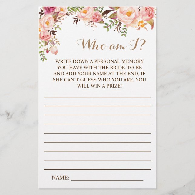 Who am I?Pink Floral Bridal Shower Game Card (Front)