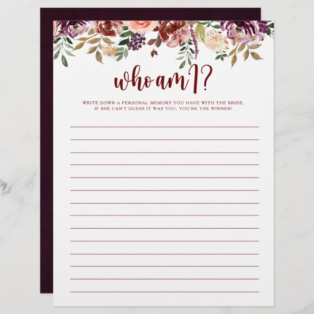 Who Am I Rustic Floral Bridal Shower Game (Front/Back)