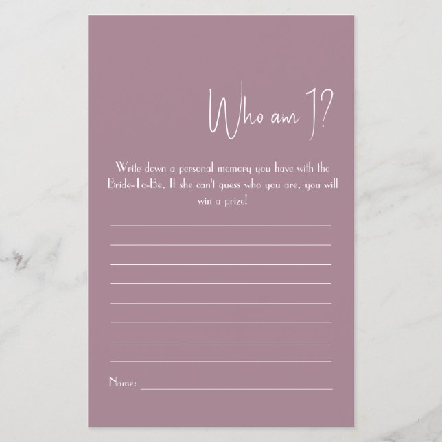 Who Am I? Shower Game Flyer (Front)