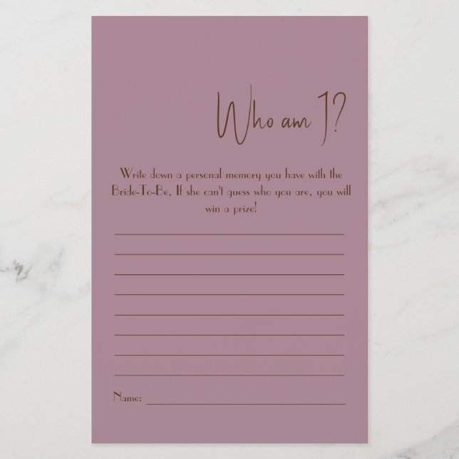 Who Am I? Shower Game Flyer (Front)