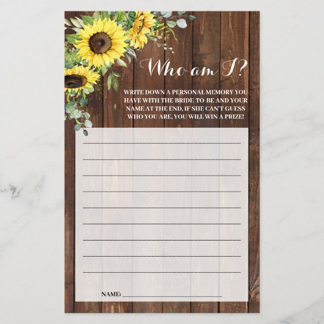 Who am I Sunflower Western Bridal Shower Game Card (Front)