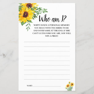 Who am I Sunflowers Bridal Shower Game Card