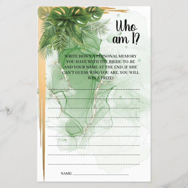 Who am I Tropical Palm  Bridal Shower Game Card (Front)