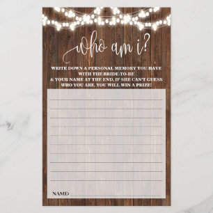 Who am I? Western Country Bridal Shower Game Card