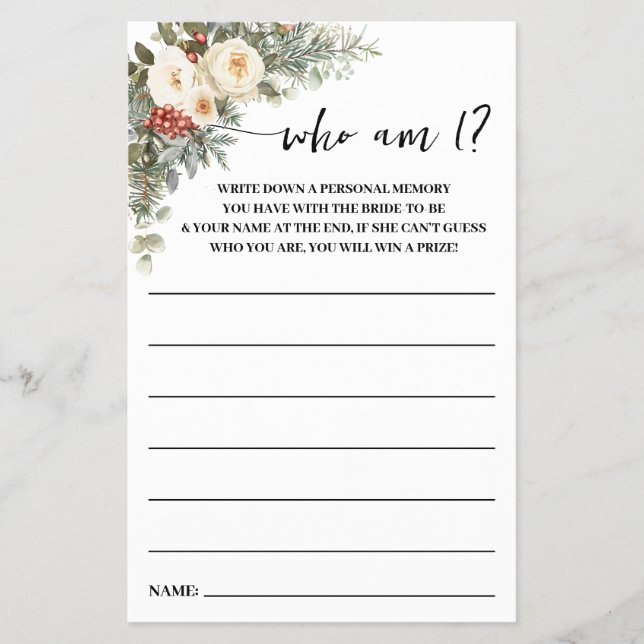 Who am I? Winter Flowers Bridal Shower Game Card (Front)
