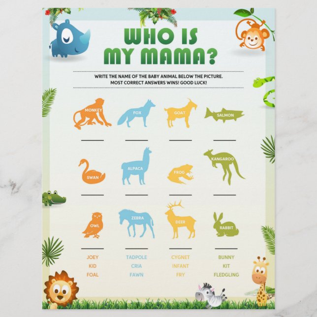 Who Is My Mama Baby Shower Game [Animal Theme]  Custom Letterhead (Front)
