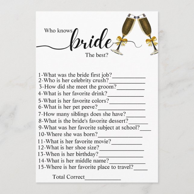 Who know the bride the best bridal shower games program (Front)
