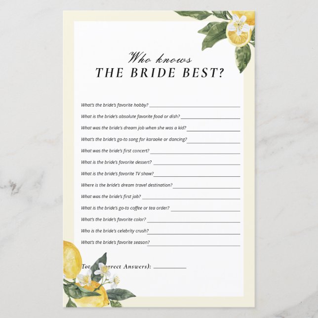 Who Knows Bride Main Squeeze Bridal Shower Game (Front)