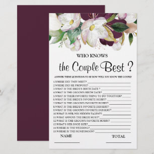 Who knows Couple best burgundy floral Bridal Game
