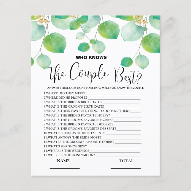 Who knows Couple best Greenery Bridal Game (Front)