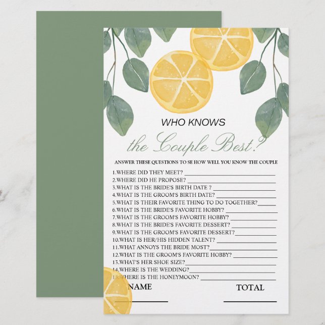 Who knows Couple best Lemon Bridal Game (Front/Back)
