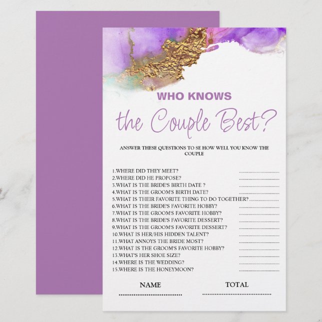 Who knows Couple best Purple Bridal Game (Front/Back)