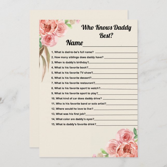 Who Knows Daddy Best Floral Baby Shower Game Card (Front/Back)