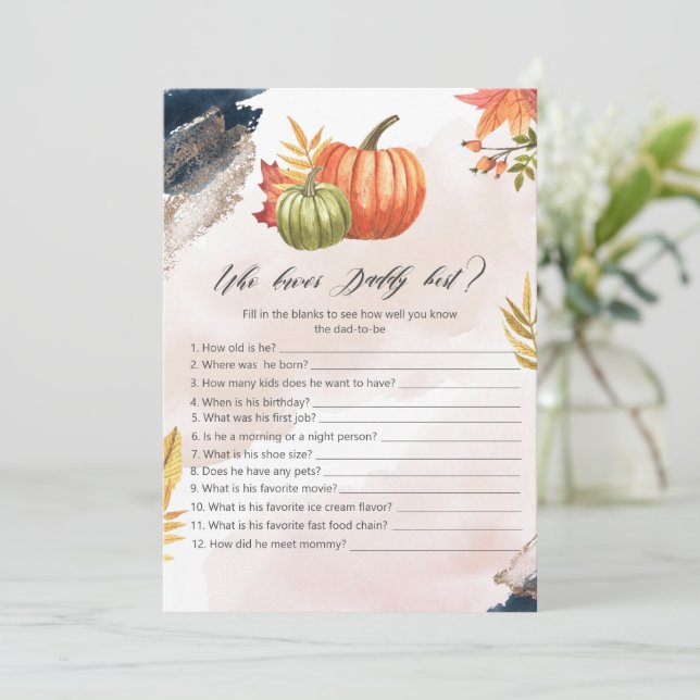 Who Knows Daddy Best Pumpkin Baby Shower Game Card (Standing Front)